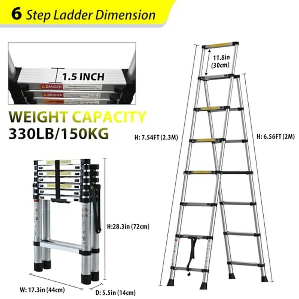 8FT Aluminum Telescopic Extension Ladder EN131 Certified Lightweight Collapsible 330lb Load Capacity Multi-Purpose Heavy Duty