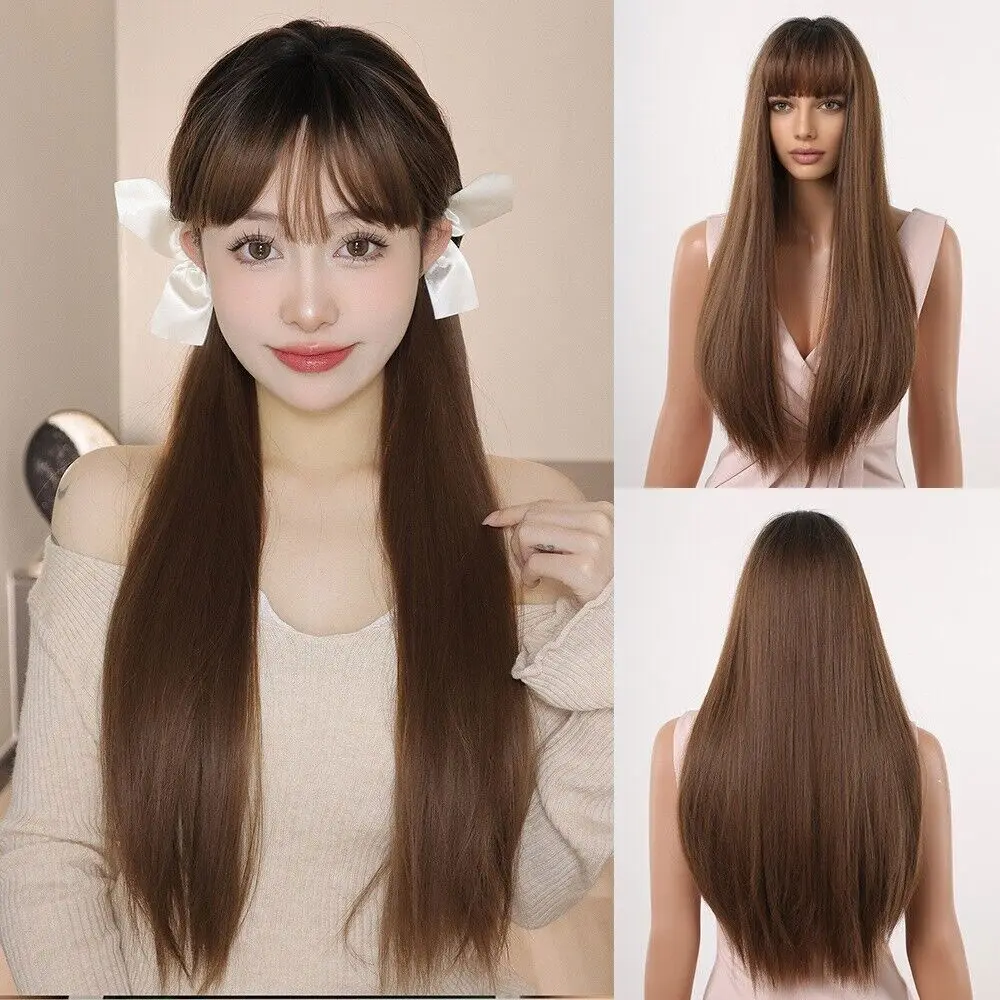 

100% Human Hair New Women's Long Natural Brown Full 26 Inch Wigs