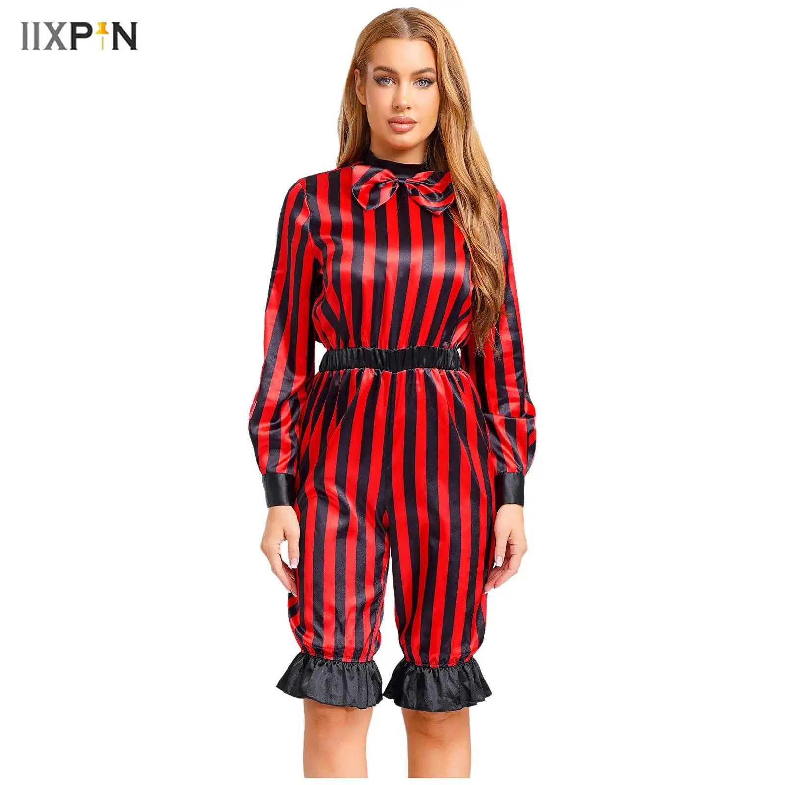 

Женский полосатый комбинезон злой клоун с бантом и длинными рукавами, шаровары, брюки, цельный комбинезон для Хэллоуина, карнавальный костюм для вечеринки