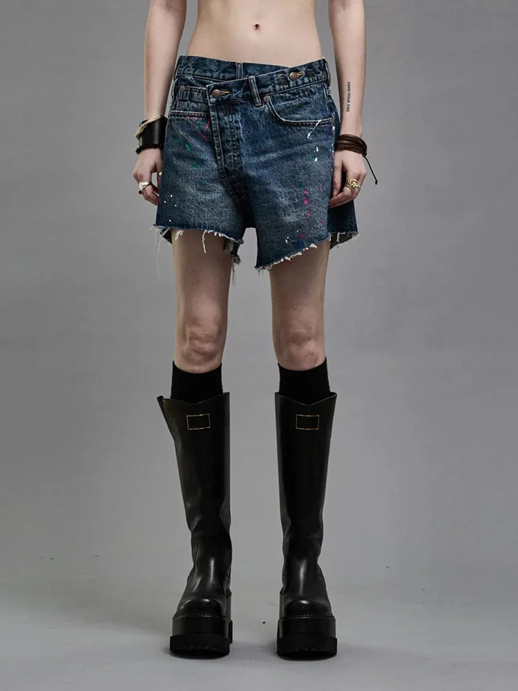 

pants y2k spring summer do old spatter print asymmetric cross cotton Denim shorts2024korean fashion high waist casual shorts