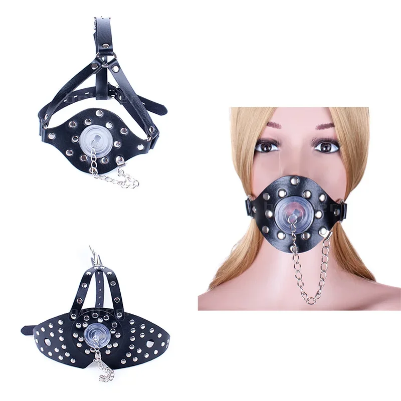 Slave Head Harness Leather Studs Open Gag Mouth Stuffed Plug with Cover Restraint Couple Game Sex Products for Couples SM Tool