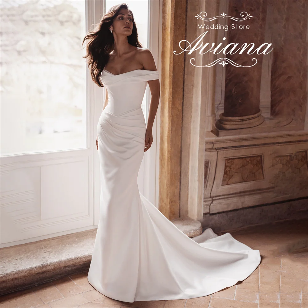 Aviana مخصص قبالة الكتف قطار الاجتياح الكشكشة الظهر القوس حورية البحر فستان الزفاف طول الأرض قارب الرقبة عارية الذراعين زر بسيط