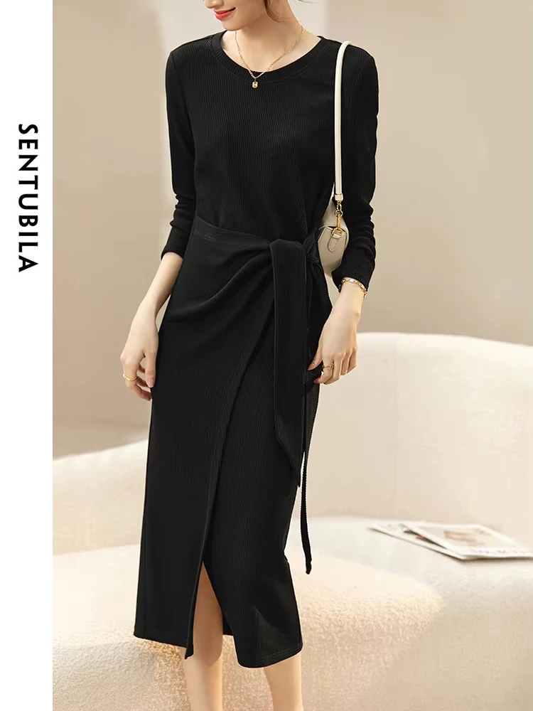 SENTUBILA Black Split Knitted Dress for Women Knitwear 2024 Autumn Fall High Quality Elegant Tie Belt Midi Slit Dress Q23L45144