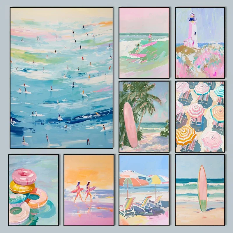 Rosa Aquarell Ozean Wellen Meereslandschaft Poster Austern Shell Strand Regenschirm Surfen Leinwand Druck Wand Kunst Bild Home Decor