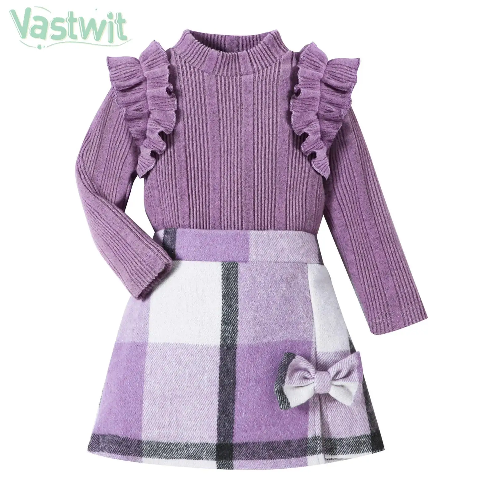 

Детский осенне-зимний повседневный наряд для девочек, вязаный топ в рубчик с длинными рукавами и клетчатой юбкой с бантом для Рождества, дня рождения, праздника