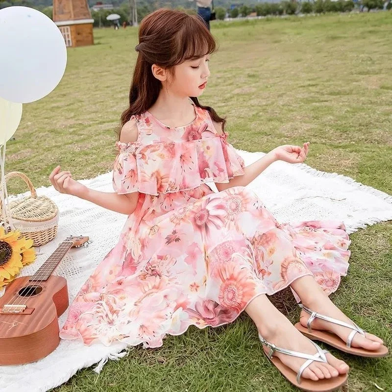 Vestido longo com padrão floral para meninas, novo vestido de verão para crianças de 5, 6, 8, 9, 10 e 11 anos