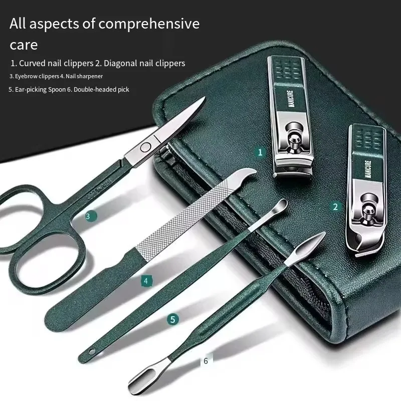 6Pcs Black Green Stainless Sttel  Stainless Steel Manicure Nails Cutter Set Nails Care Kits Pedicure With Leather Travel Case