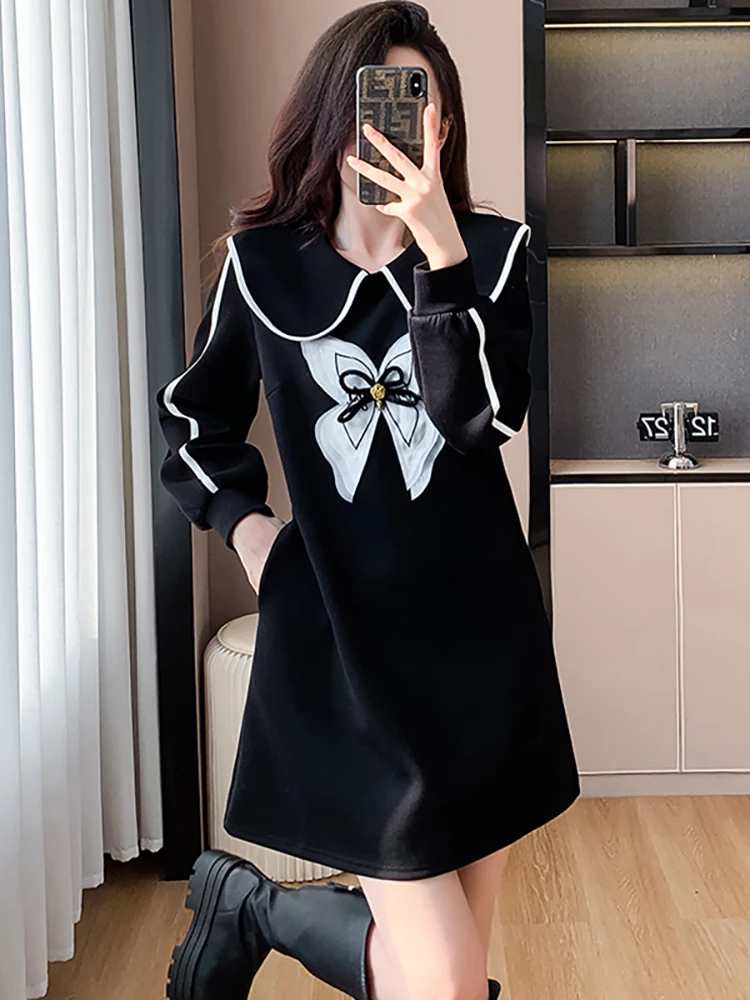 

2026 Black Long Sleeve Doll Collar Mini Dress Women Fashion Chic Bow Y2k Dress Autumn Winter Korean Vintage Elegant Kawaii Dress