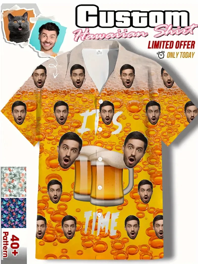 

Забавная унисекс праздничная вечеринка на заказ Пивное лицо 3d фотопринт Рубашка на пуговицах с коротким рукавом Дизайнерские рубашки Одежда Футболка Топы унисекс Y2k