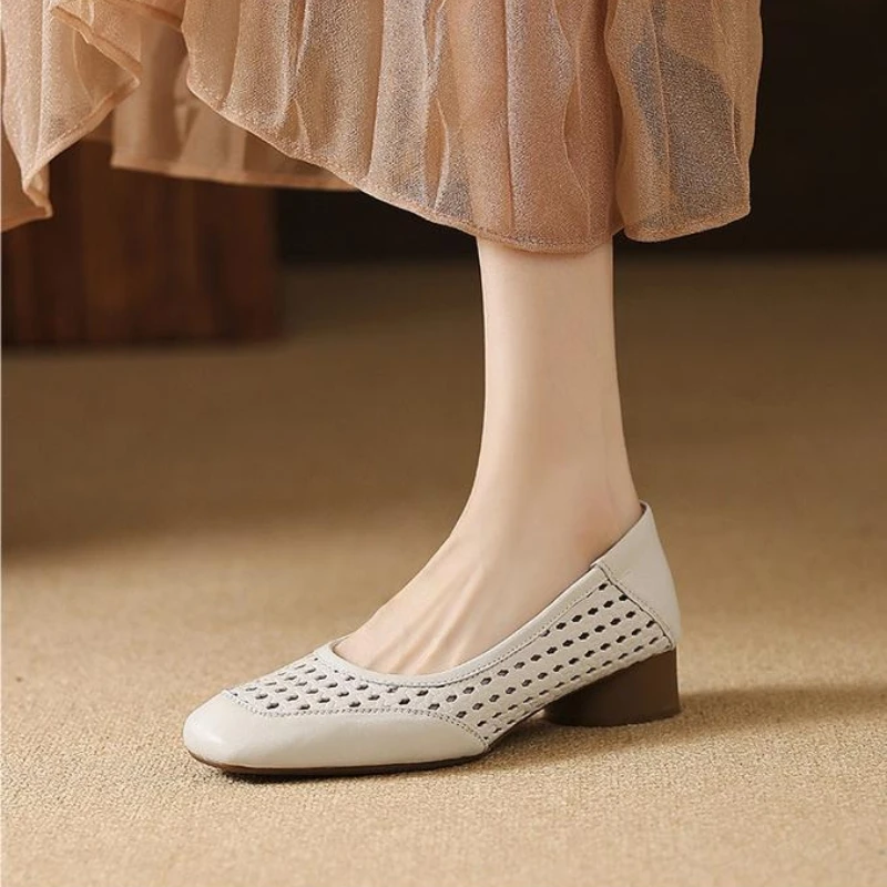2026 New Fashion Women's Summer Design Temperament Hollow High Heel Shoes Leather Square Head Shallow Mouth Shoes Zapatos Mujer view 4