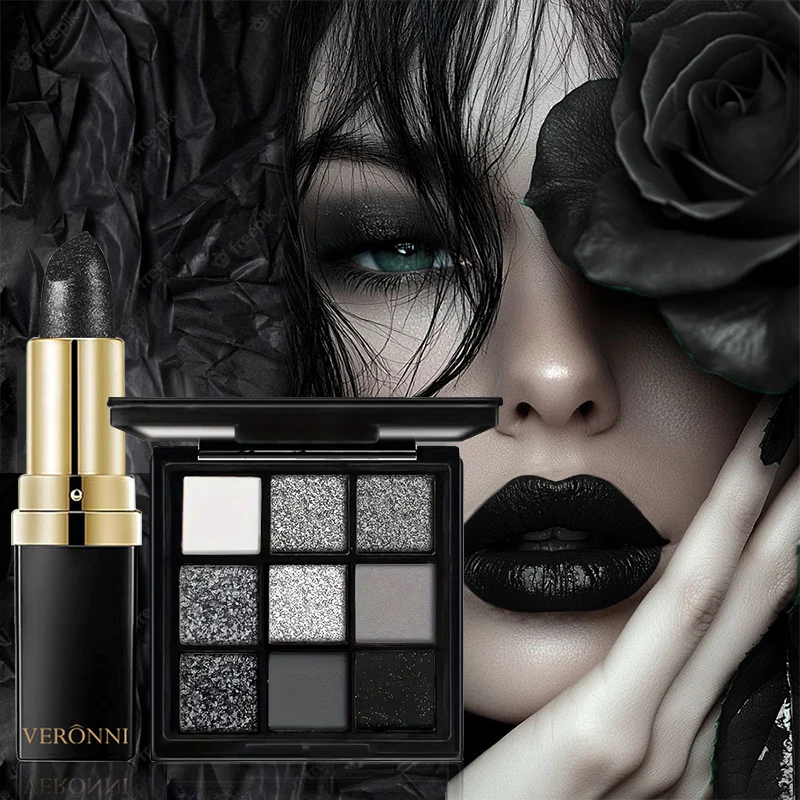 Ensemble de maquillage de Style gothique 2 pièces, rouge à lèvres noir et Palette de fards à paupières imperméables longue durée, nuances noires fumées pour Halloween, fêtes