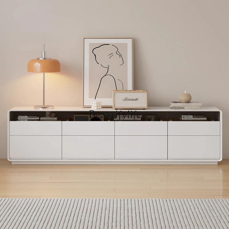 

Pure solid wood double-layer floor-to-ceiling TV cabinet rock slab modern simple living room home