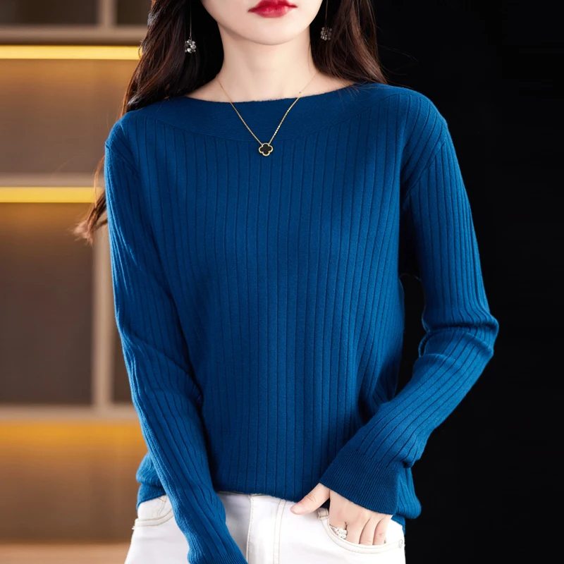 Women\'s Pullover Autumn/Winter New Casual Solid Color Knitwear One-Neck Sweater Ladies Clothes Loose Tops Basic Blouse