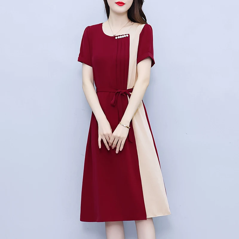 Women Chiffon Long Dresses Summer Female O Neck Short Sleeve Large Size Elegant A Line Pleated Bandage Burgundy Navy Blue Vestid