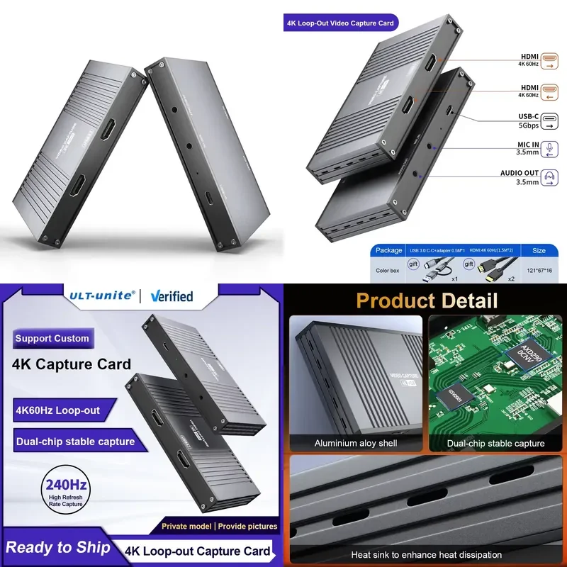 ULT-Unite New Design 4K 60Hz Loop-Out 240Hz HDR USB 3.0 External HD Video Capture Card For Live Game Recording