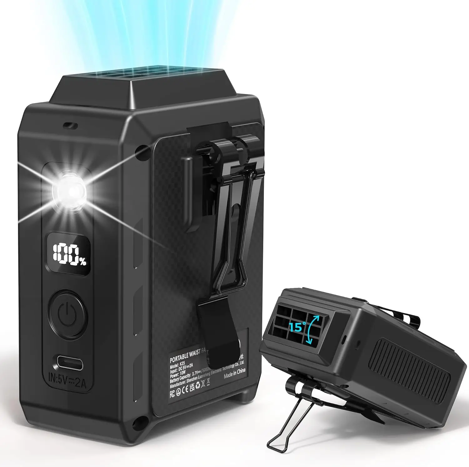 

Портативный вентилятор с креплением на пояс, 5 скоростей, 16 000 об/мин, сверхдолгий срок службы батареи 5000 мАч, со светодиодной подсветкой