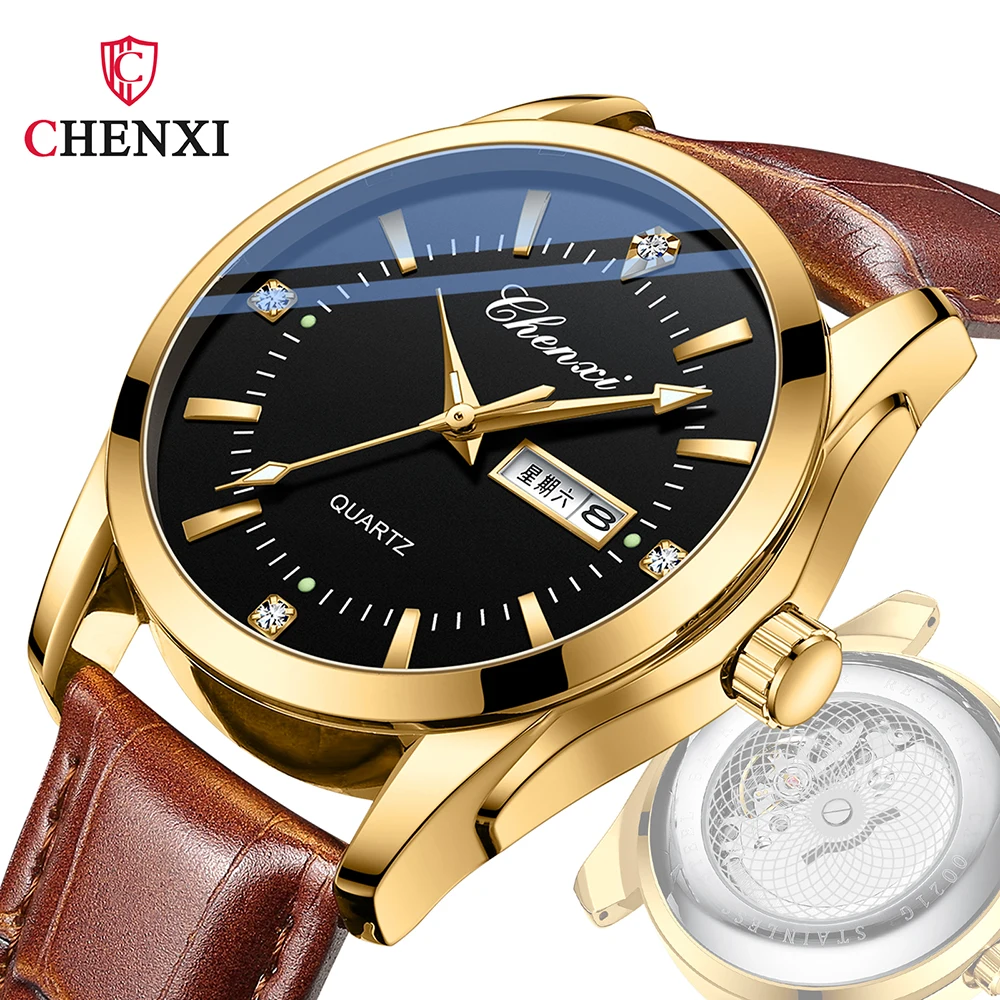 CHENXI Fashion Watch Men Skeleton Quartz Wristwatches Leather Strap Black Brown Casual High Quality Watches for Men 2024