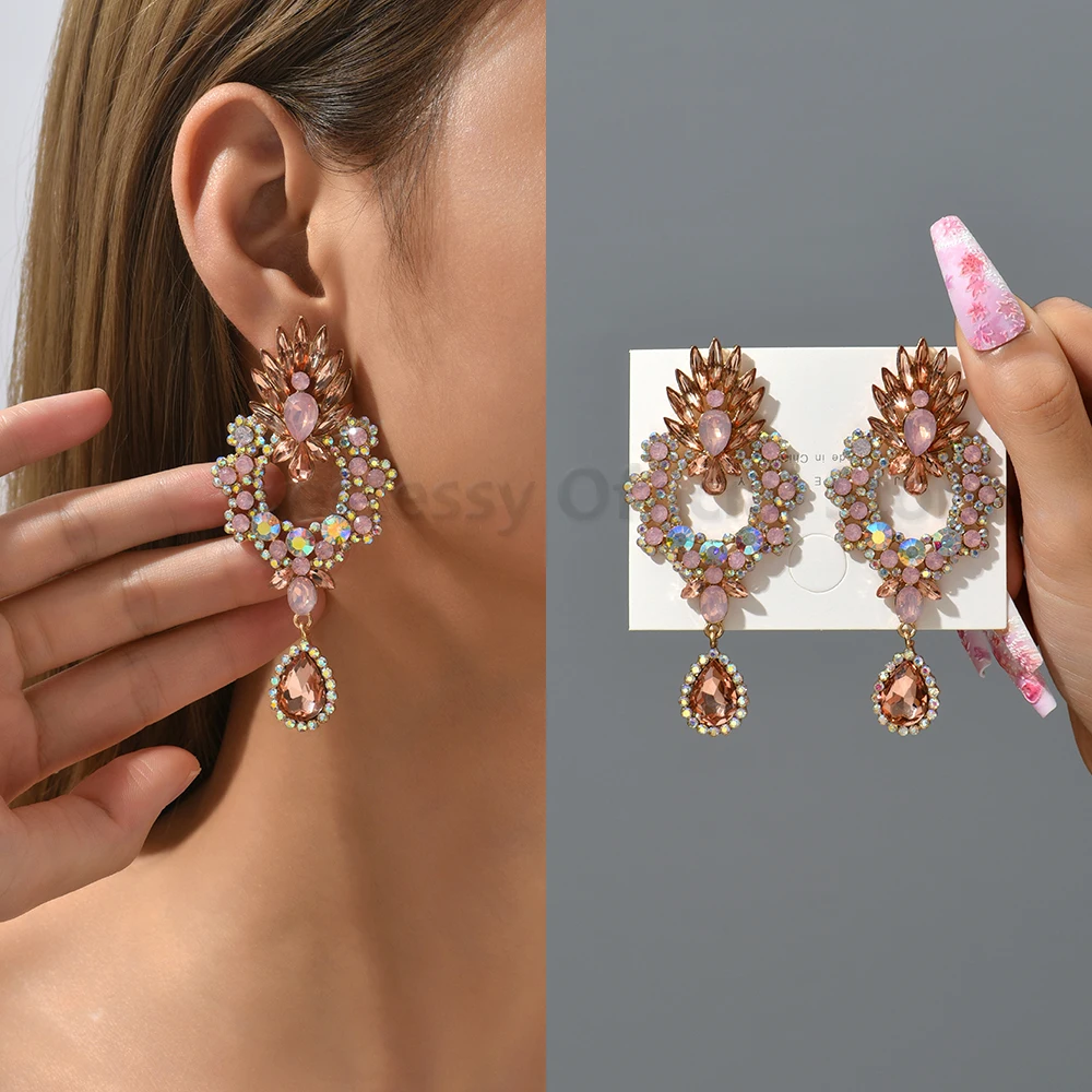 Bohemian Geometric Full Rhinestone Drop Dangle Earrings For Women Trend Luxury Chandelier Ear Accessories Party Vintage Jewelry