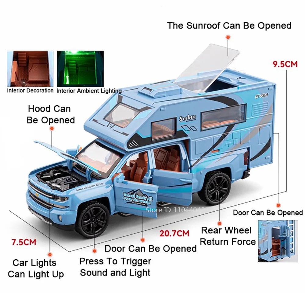 1:32 Legering Camping Auto Toeristische RV Model Diecast Speelgoed Auto's met Geluid Licht Trek Deuren Geopend Voertuig Kinderen Verjaardagscadeau