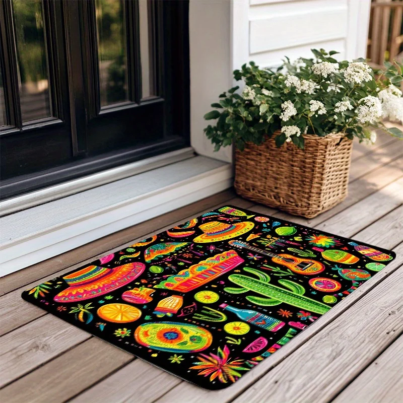 VIKAMA Mexican Fiesta Doormat,Non‑Slip Floor Rug,Cactus Guitar Sombrero Colorful Print Carpet for Kitchen Entryway Home Decor