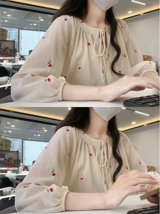 

White Cherry Print Summer Thin irt Women's Svel Top Ele Beautiful f Open Collar Regular Fit Loose Sle