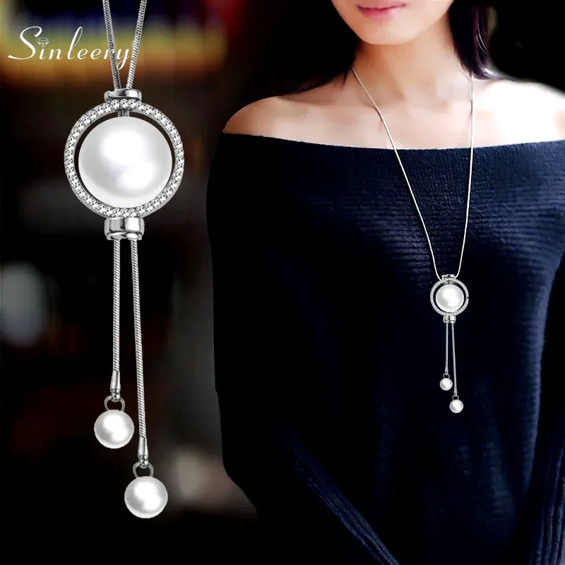 SINLEERY Elegant White Grey Pearl Ball Tassels Pendant Long Necklace Silver Color Chain For Women Fashion Jewelry