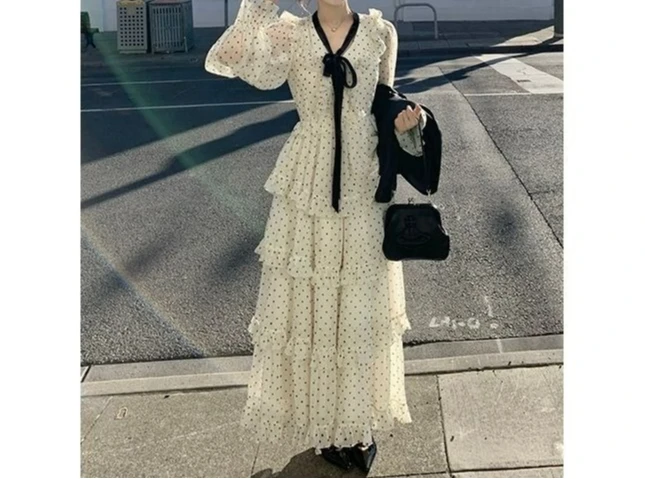 

Waist Polka Dot Long-sleeved Cake Dress Female Autumn Unique Beautiful Gentle Wind Fairy Skirt