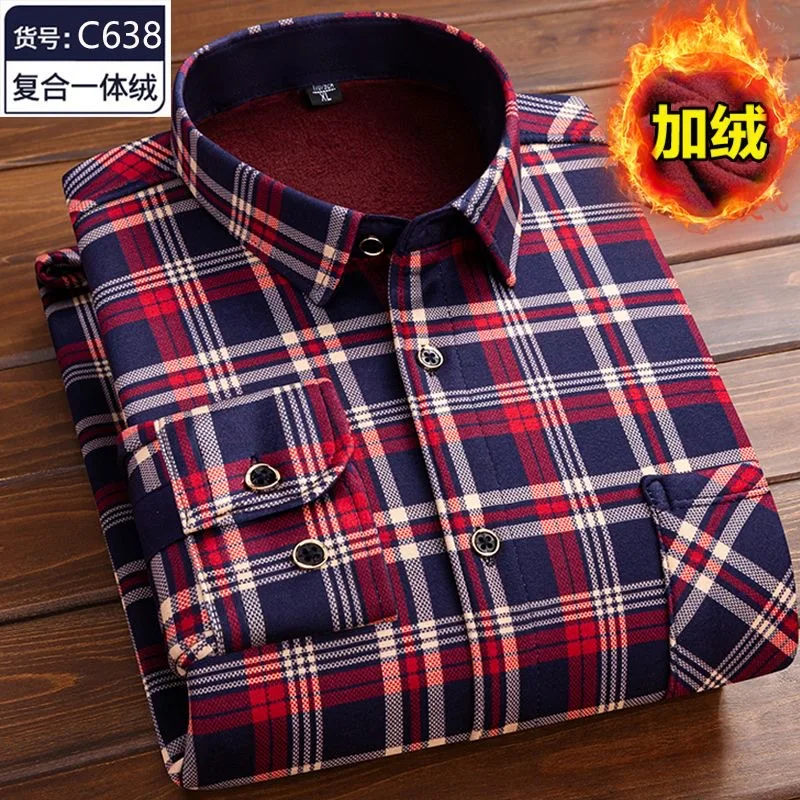 2023 Autumn and Winter New Fashion Trend Plaid Long-Sleeved Shirt Men\'s Casual Comfort Plus Fleece Thick Warm Large Size Shirt