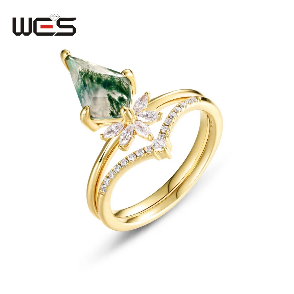 

WES 925 Sterling Silver Natutal Moss Agate Rings for Women 7*12mm Gemstone Gold Plated Crown Certified Jewelry Anniversary Gifts