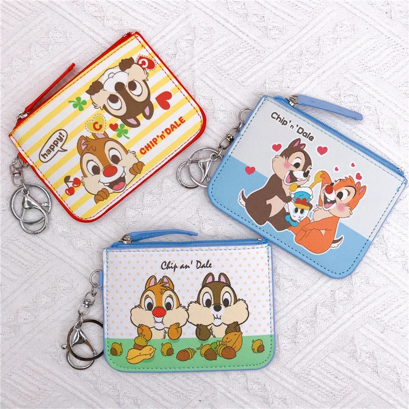 Disney-monedero de PU con diseño de ardilla para niño y niña, tarjetero de Anime de dibujos animados, billetera Kawaii, Clips de dinero, llavero,