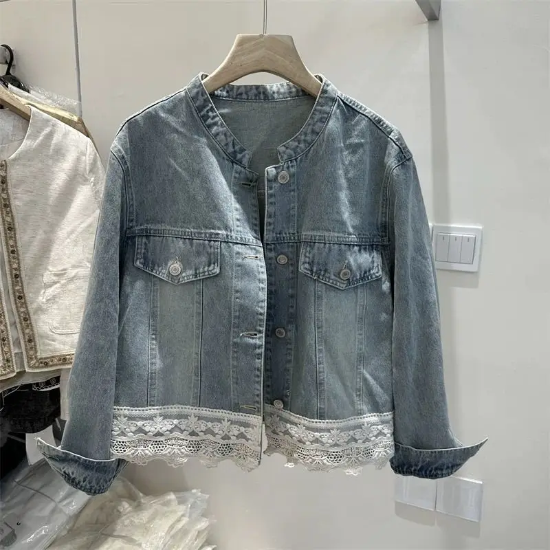 Denim jacket women's lace splicing top 2025 spring new design sense small short jacket top trendy