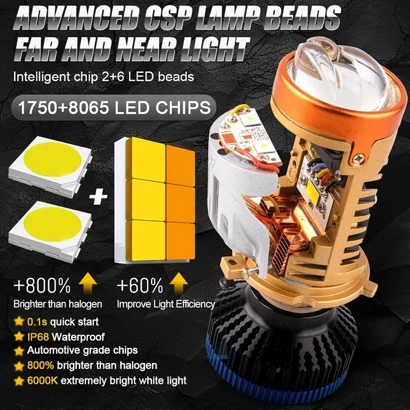 2PCS Lens Canbus LED H4 Bulbs Headlight for Cars High Beam Low Beam Projector Turbo Fan 6000K 4300K 3000K Color Lighting 12V 24V