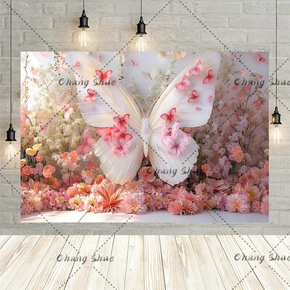 Pink Flowers Dreamy Butterfly Background Cloth Photography Custom Baby Baptism Studio Props Decoration Girl First Birthday Party