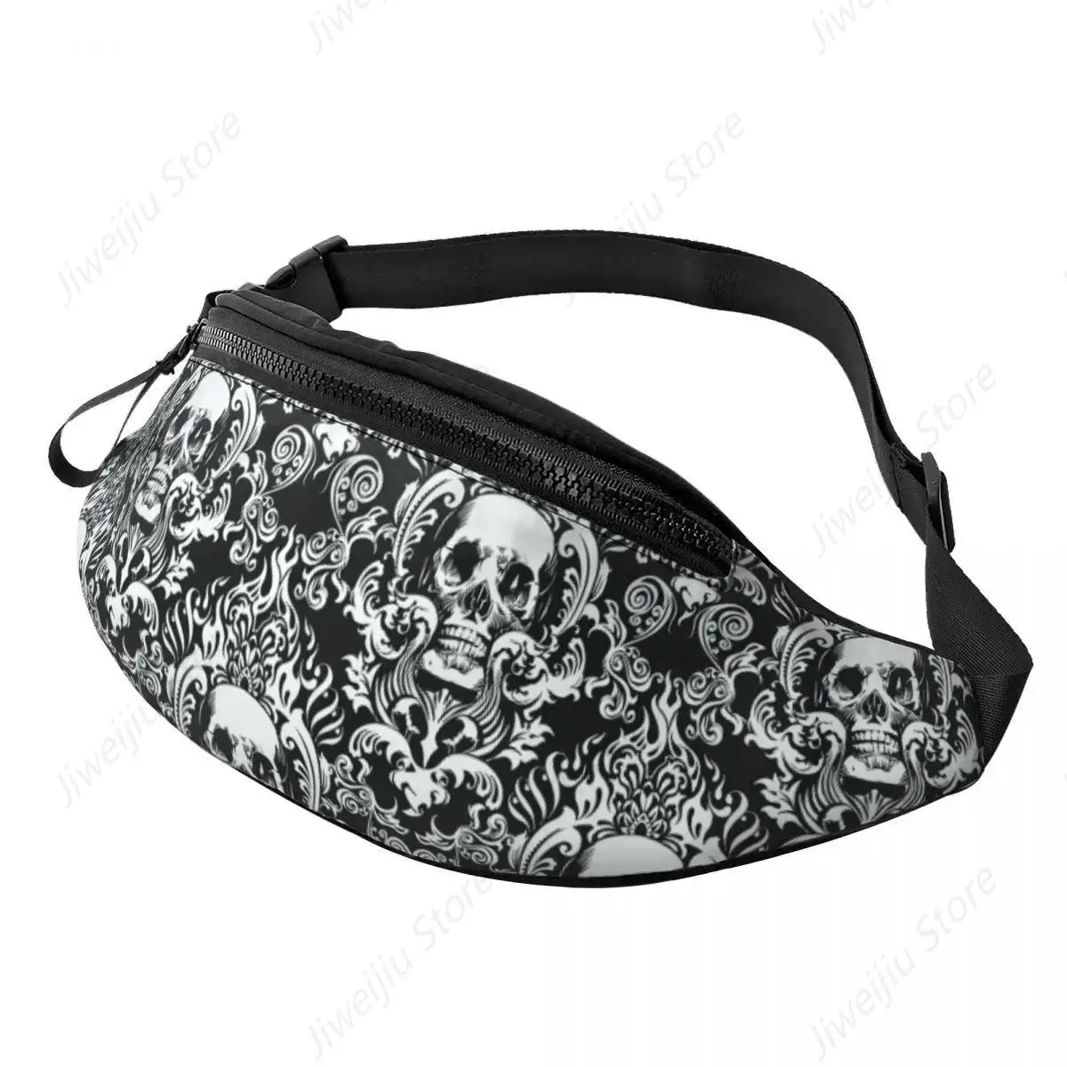 

Gothic Skull Flower Fanny Pack Women Men Custom Goth Halloween Crossbody Waist Bag for Cycling Camping Phone Money Pouch