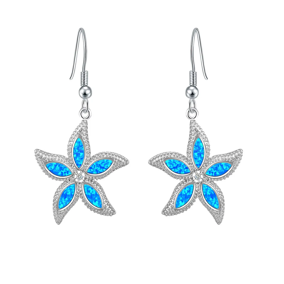 Pendientes de ópalo de estrella de mar para mujer, pendientes de plata de ópalo azul 5A con diamantes de imitación de circón, idea de regalo de boda de playa náutica de lujo