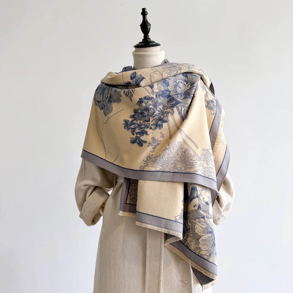 Brand Fashion Winter-Kaschmirschal für Damen – Pashmina-Schal mit Blumenmuster und Quasten, dicker, warmer Wickel- und Poncho – Detail 16