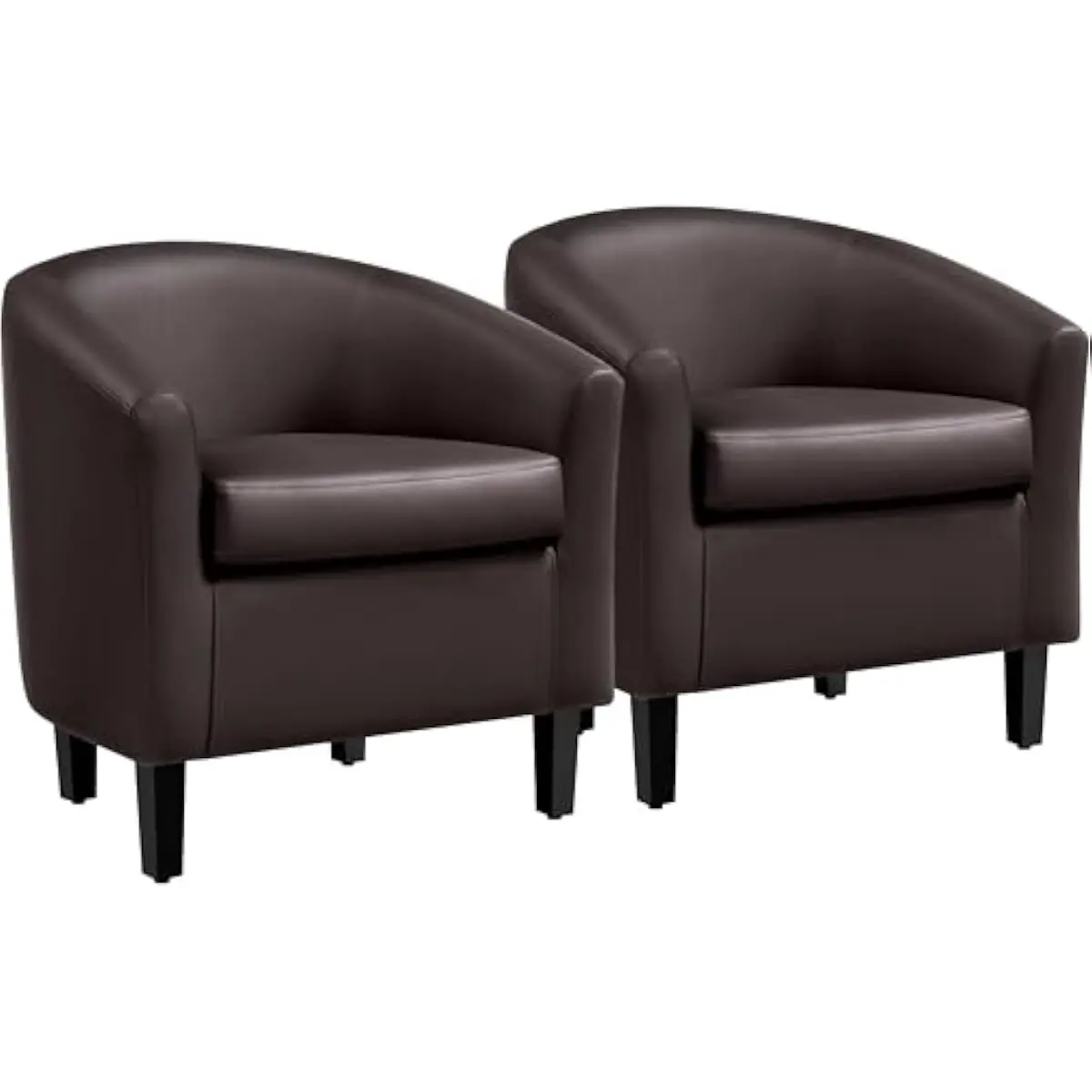Two matching barrel-style accent chairs crafted from premium faux leather in rich espresso tone ideal for modern living spaces o