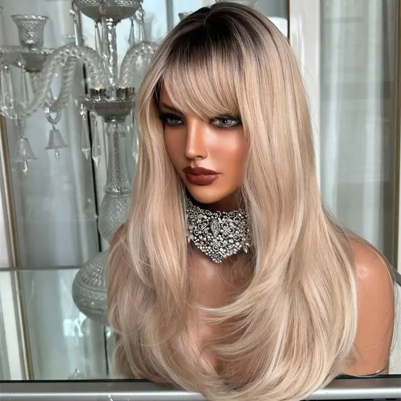Ombre Creamy Blonde Synthetic HD Lace Front Wig with Bangs Blend Human Hair Long Layered Straight Hair Wig with Bangs Party Wigs