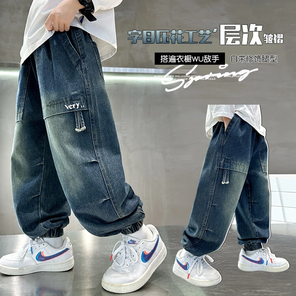 Teenage Boys Embossed Denim Trousers Spring/Autumn Medium and Large Children's Letter Printed Kids Leg Jeans 5-14 Years old