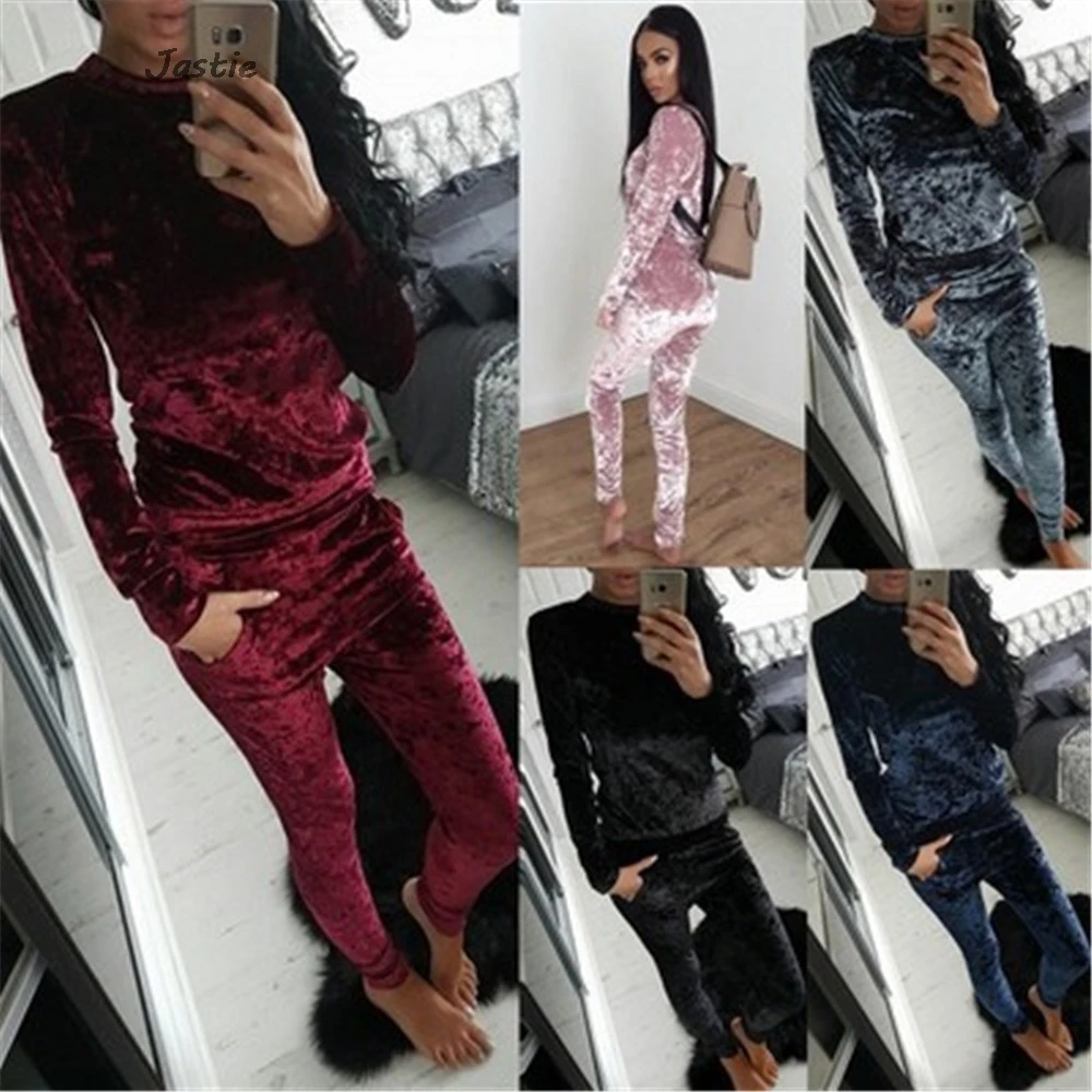 Velvet Half High Neck Pullover And Pencil Pant Sets Spring Autumn Casual Home Women Two Piece Set Solid Color Slim Tight Suit