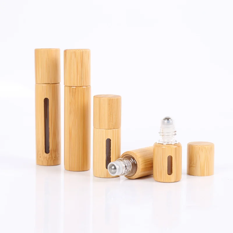 100pcs Bamboo Roll On Bottle 3/5/10ml Wood Roller Bottle Essential Oil Lip Gloss Refillable Tube Empty Jar Glass Bottle Perfume