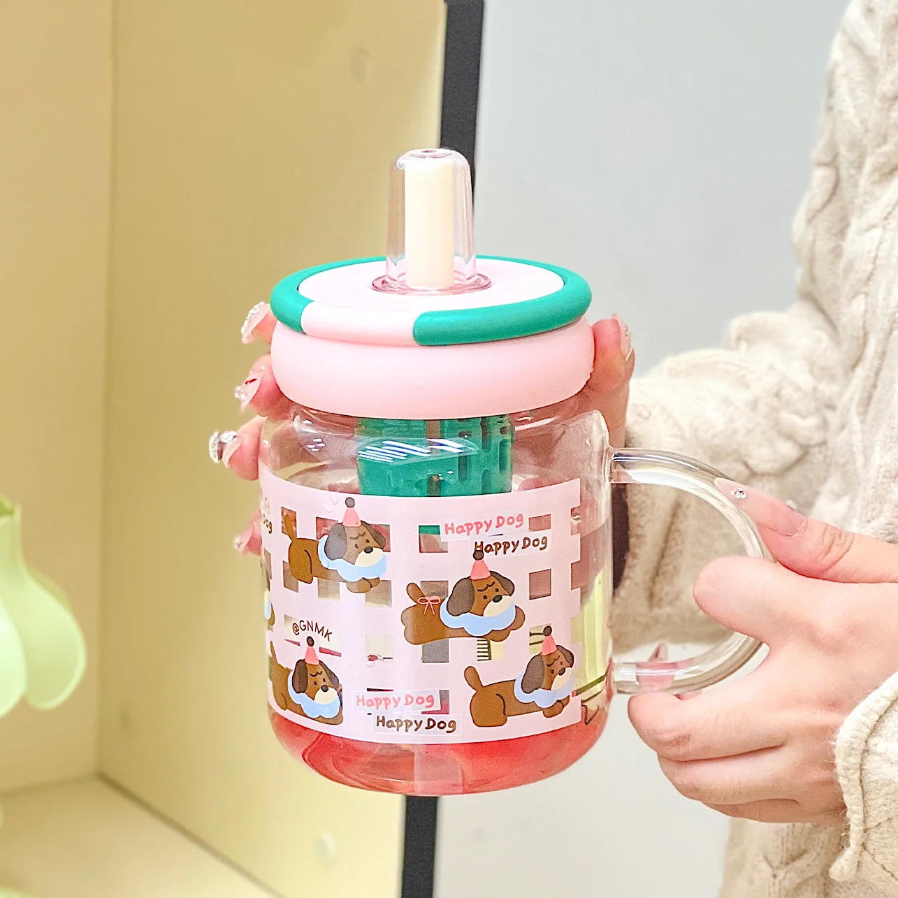 

Cute Dog Pattern Borosilicate Glass Cup 680ml 3-in-1 Straw Handle Mug with Tea Infuser Leak Proof Free Kids Water Bottle