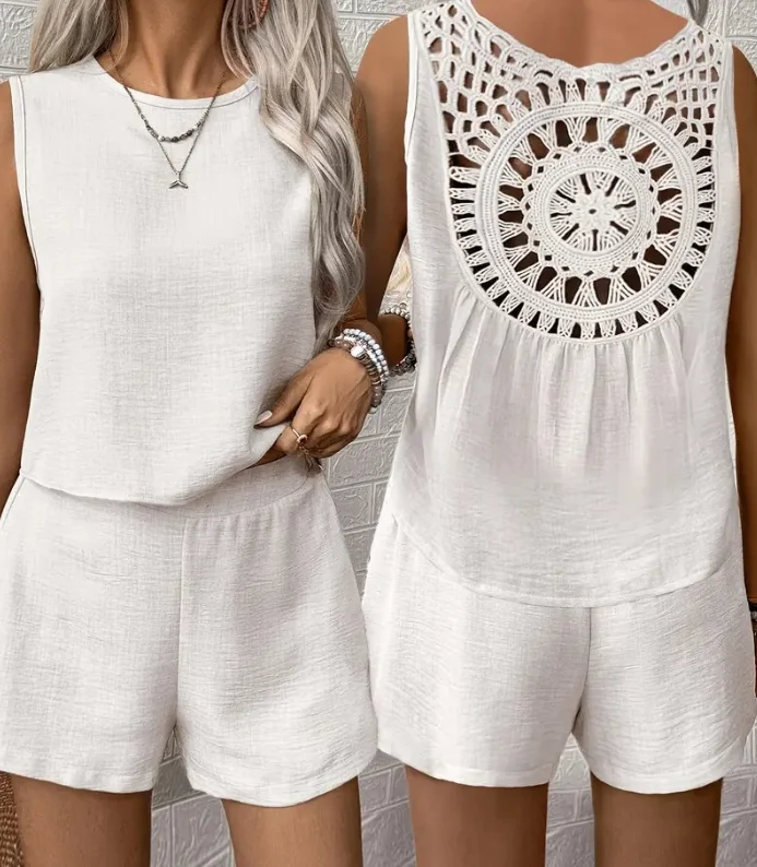 

Two Piece Set Women Outfit 2025 Summer New Sleeveless Solid Color Back Hollow Out Top & Casual High Waist Daily Shorts Set