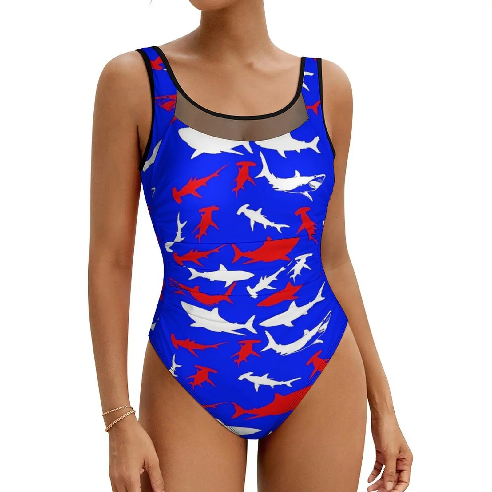 Colorful Sharks Swimsuit Animal Silhouette One-Piece Swimwear Push Up Fashion Monokini Sexy Fitness Printed Beach Outfits