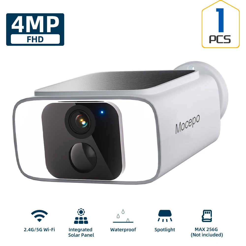 Caméra de sécurité solaire 2K 4MP sans fil pour extérieur avec WiFi 2,4 GHz et 5 GHz, surveillance i