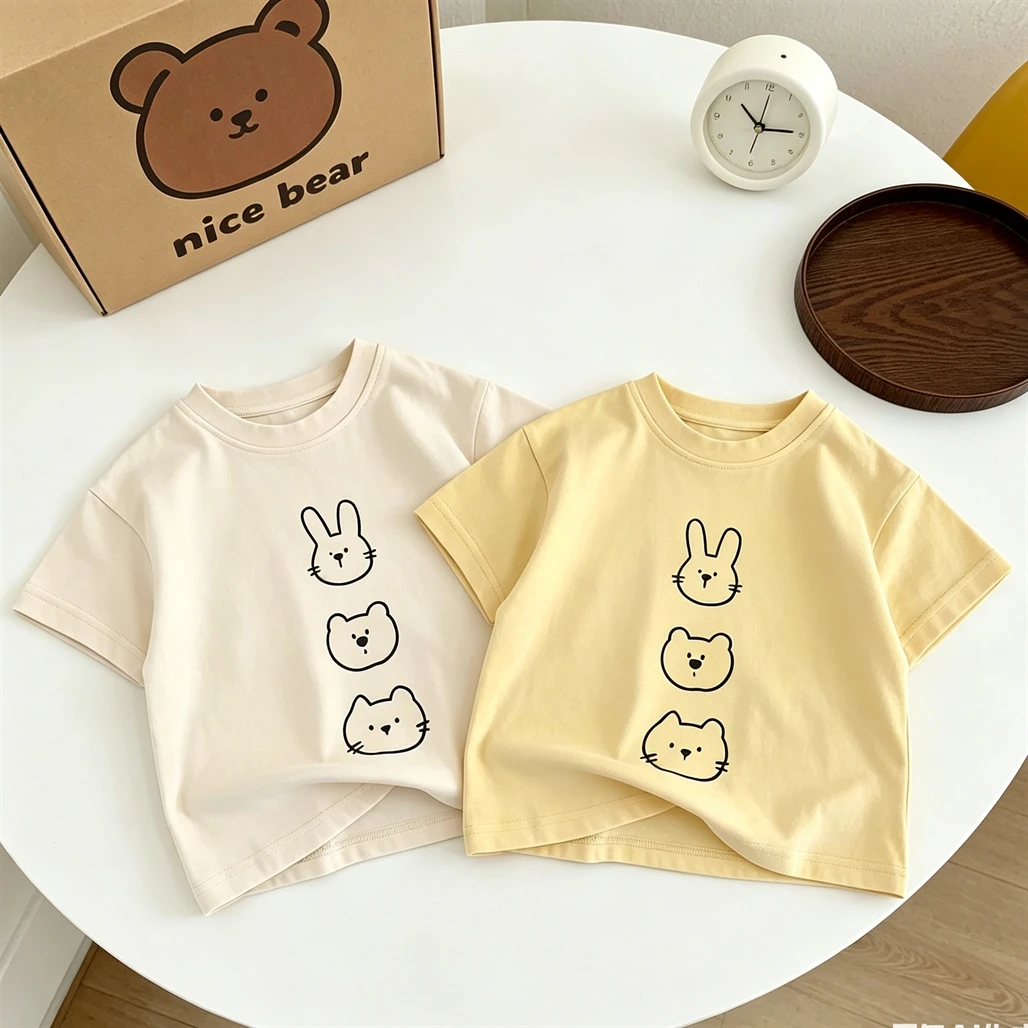 Cartoon Tshirt For 1-7Years Old Child Beige Yellow Tees Loose Casual Summer Clothes Pure Cotton Tees Kids Boys Round Neck Tops