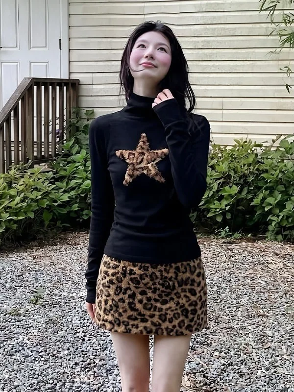 

plus Size Women's Long Sve T-irt Retro Sle f High Collar Base Layer Top Leopard Print Star Design Autumn Winter Fas...