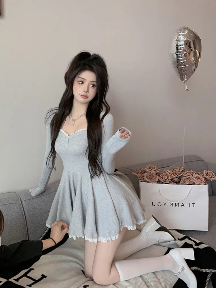 Slimming A-Line ort Dr Women's Autumn Winter Large Size Pure Desire Waist-Cinching Long Sve Square Collar Dr