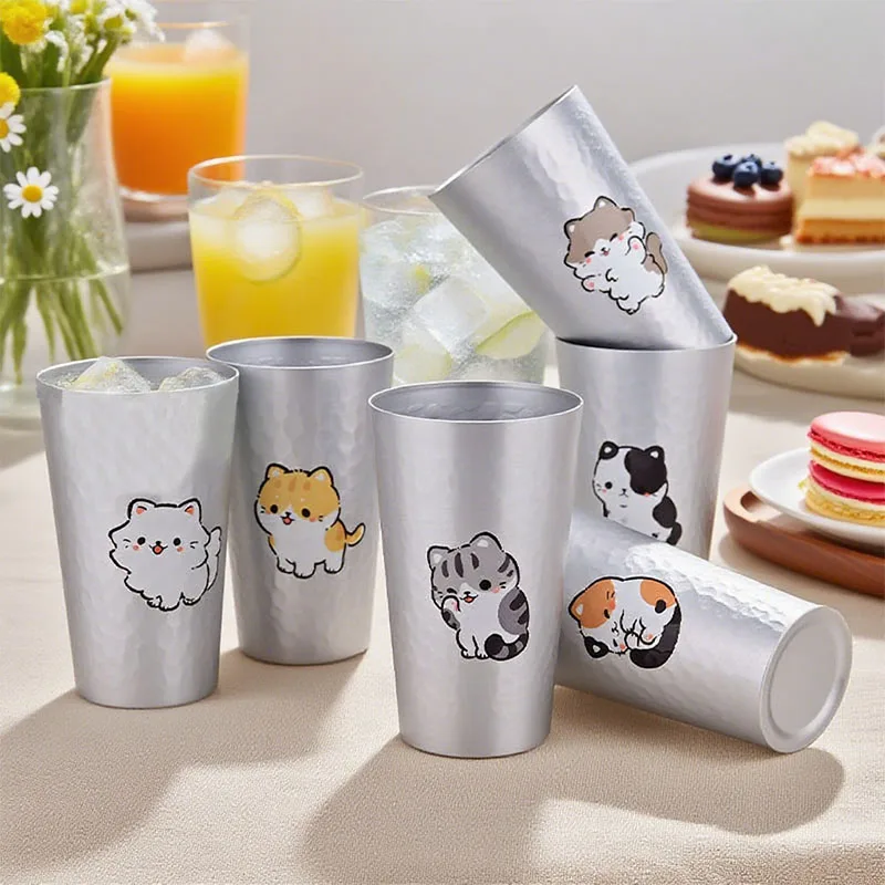 NEW 450ml Cat Tumbler Cute Cartoon Kitty Aluminum Cup Lightweight Hammered Finish Eco Travel Pet Mug Family,friends,Lover Gift