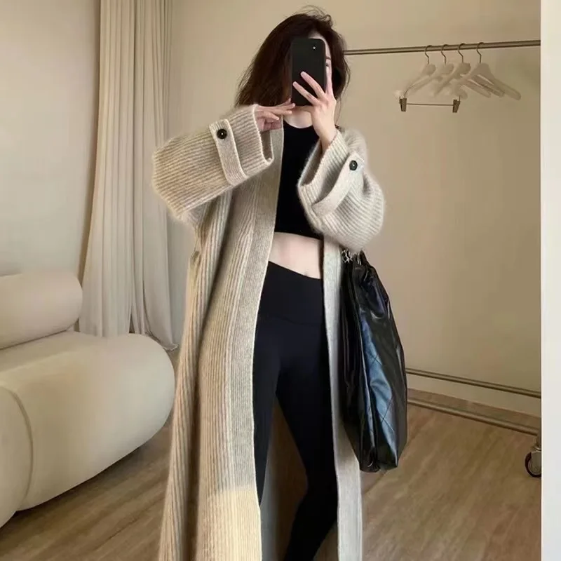 Women\'s Chic Long Knitted Cardigan Autumn Winter Loose Solid Knitwear Female Open Stitch Full Sleeve Elegant Sweater Cardigan